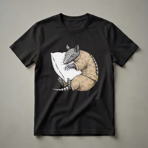 A graphic t-shirt featuring a black and white sketch of an armadillo wearing tan polka-dot pajamas and sleeping soundly on a white pillow against a black background.