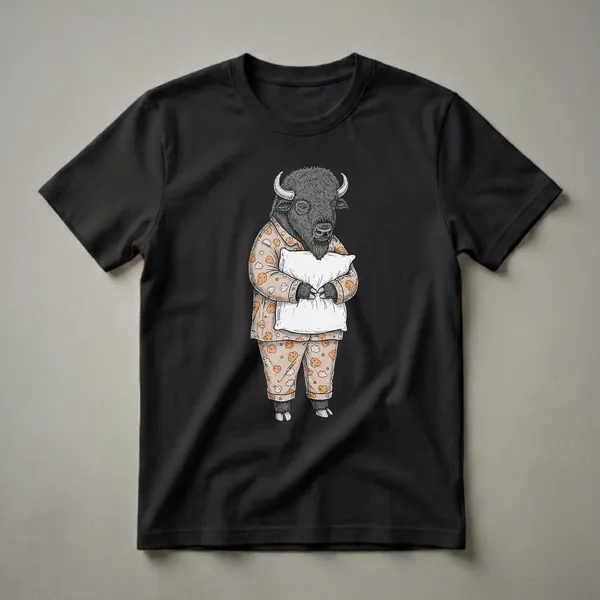 A graphic t-shirt featuring a cartoon buffalo wearing tan pajamas with a cloud and heart pattern, holding a white pillow against a black background.