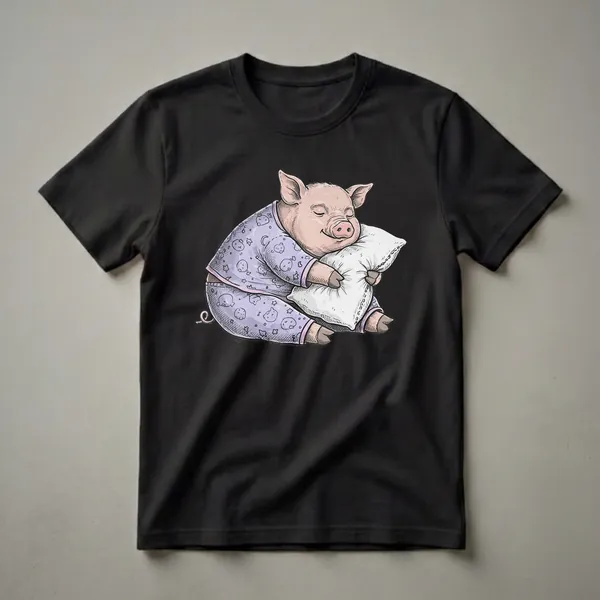 A pink pig wearing purple pajamas with moons and stars, sleeping soundly while hugging a white pillow, depicted in a sketch-style illustration.