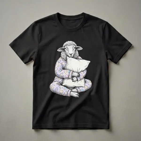 A black and white illustration of a sheep wearing pastel pajamas with clouds and moons, holding two pillows, on a black background.