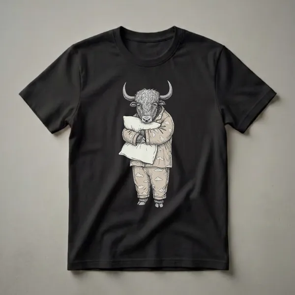 A sketch-style graphic t-shirt featuring a grey yak wearing tan pajamas with a white cloud pattern, holding a white pillow against its chest, on a black background.