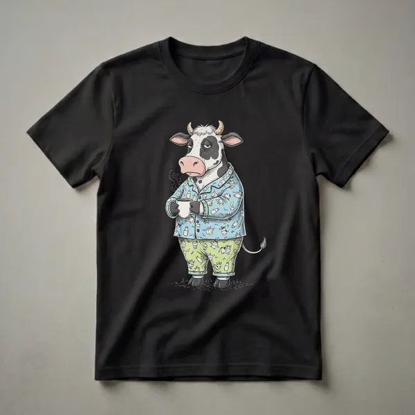 Light blue graphic t-shirt featuring a black and white cartoon cow wearing pajamas and holding a steaming mug of coffee, with green pajama bottoms patterned with cows and milk bottles.