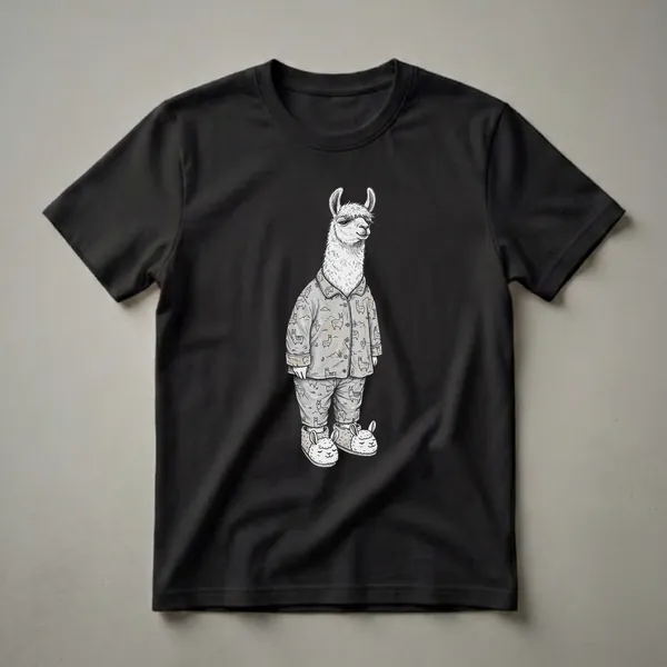 A graphic t-shirt featuring a stylized illustration of a white llama wearing a grey pajama set with a llama pattern and fluffy slippers, set against a black background.