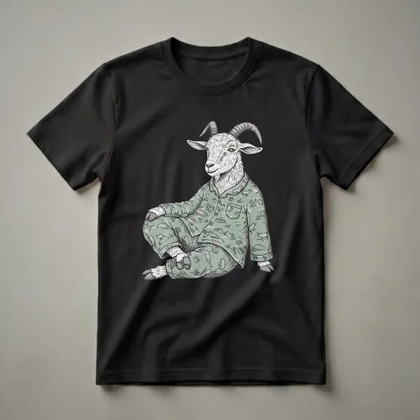 Green pajama t-shirt featuring a hand-drawn illustration of a sleepy goat sitting down, with a pattern of smaller goats and paw prints on the pajamas.