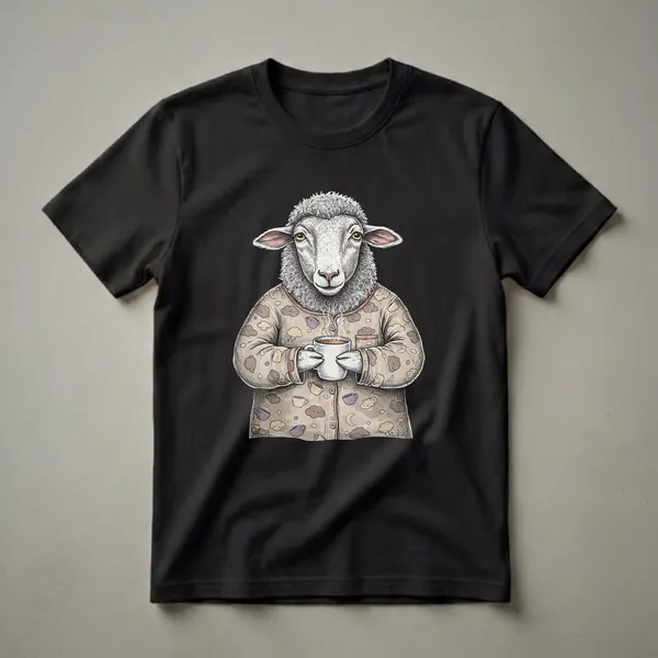 A graphic t-shirt featuring a vintage illustration of a sheep wearing cloud-patterned pajamas and holding a steaming mug of coffee, set against a black background.
