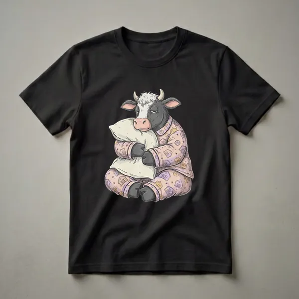 A black and white cow wearing pink pajamas with barn patterns, sitting and hugging a pillow with a sleepy expression. The shirt is on a black background.