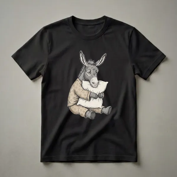 A grey donkey wearing tan pajamas with a star pattern, sitting and hugging a white pillow, rendered in a sketch-like illustration style on a black background.
