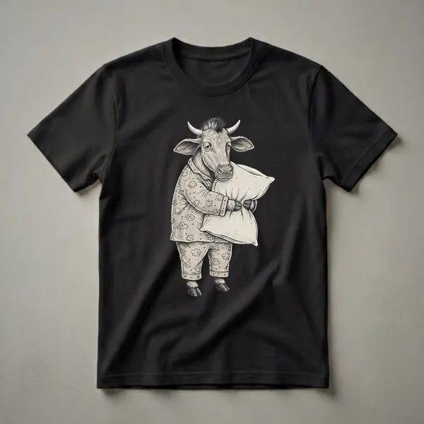 A sketch-style graphic t-shirt featuring a zebu cow wearing pajamas and holding a pillow, with a cloud pattern on the sleepwear.