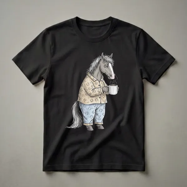 A grey cartoon horse wearing light-colored pajamas with horseshoe patterns, holding a white mug of steaming coffee, on a black background.