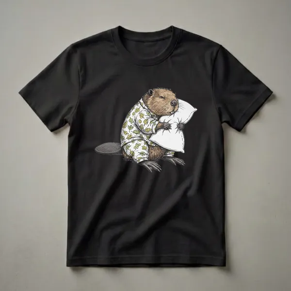 A graphic t-shirt featuring a detailed illustration of a brown beaver wearing white pajamas with a green leaf pattern, hugging a white pillow against a black background.