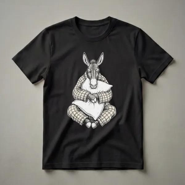 Black and white graphic t-shirt featuring a donkey wearing plaid pajamas and holding a pillow, with a sleepy expression.
