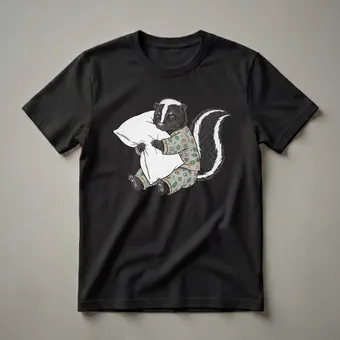 Funny Sleepy Skunk with Pillow Graphic T-Shirt for Pajama Lovers