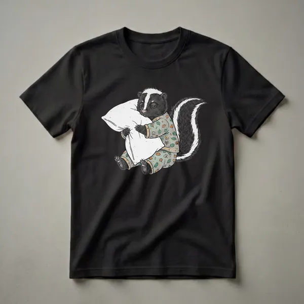 A cartoon skunk wearing green pajamas with a leaf pattern, holding a white pillow and looking very sleepy. The skunk has black and white fur and a bushy tail.