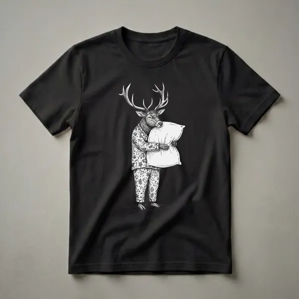 Black and white graphic t-shirt featuring a sleepy elk wearing pajamas with a pattern of trees and stars, holding a white pillow against a black background.