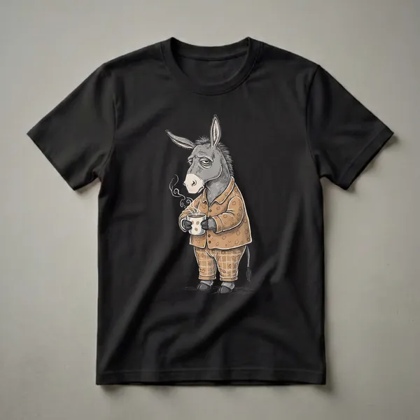 A grey donkey wearing brown polka-dot pajamas and plaid pants, holding a white coffee mug with brown spots, looking very tired, on a black background.