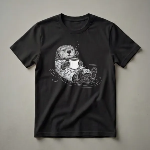 Black and white graphic t-shirt featuring a sea otter floating on its back, wearing fish-patterned pajamas and holding a steaming mug of coffee.