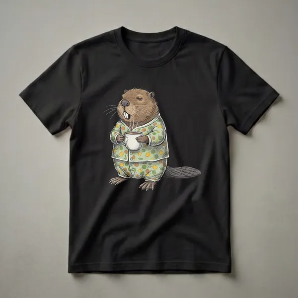 Light green t-shirt featuring a cartoon beaver wearing pajamas and holding a steaming coffee mug, with a yawning expression and a pattern of leaves and fruits.