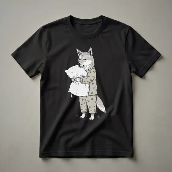 A sketch-style graphic t-shirt featuring a dingo wearing pajamas and holding a large pillow, set against a black background with grass at the bottom.
