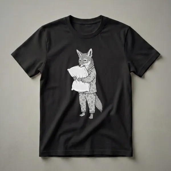 A grayscale graphic t-shirt featuring a sleepy jackal wearing pajamas and holding a pillow, with a pattern of leaves and mushrooms on the pajama fabric.