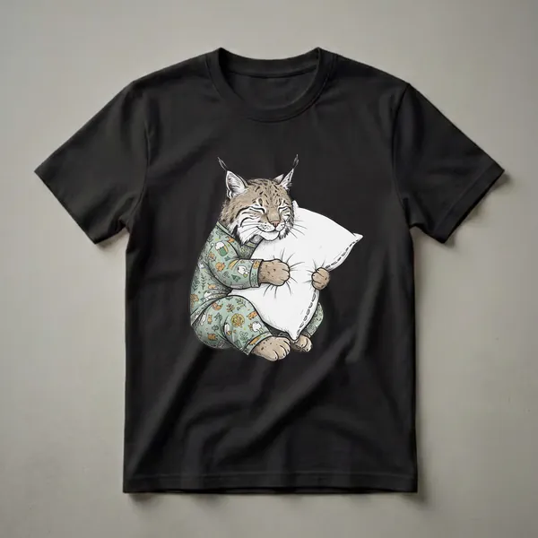 A light green t-shirt featuring a cartoon bobcat wearing pajamas and hugging a white pillow, with a black background.