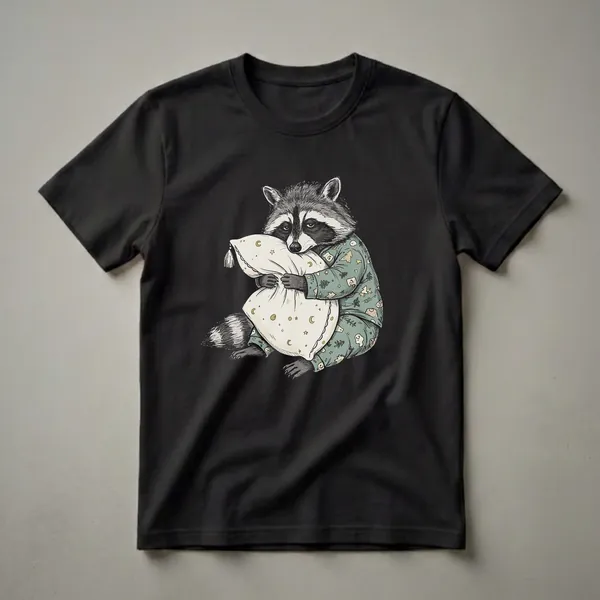 A graphic t-shirt featuring a hand-drawn illustration of a sleepy raccoon wearing green pajamas with a pattern of trees, stars, and moons, while hugging a pillow.