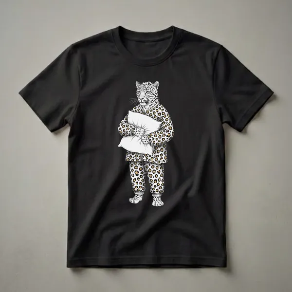 White graphic t-shirt featuring a black and white illustration of a leopard wearing leopard print pajamas and holding a pillow, against a black background.