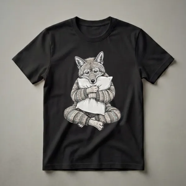 A hand-drawn graphic t-shirt featuring a sleepy coyote wearing patterned pajamas and hugging a white pillow, set against a black background.