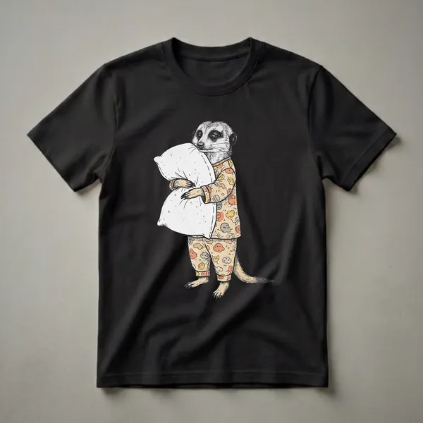 A graphic t-shirt featuring a hand-drawn illustration of a sleepy meerkat wearing pajamas and hugging a white pillow, set against a black background.