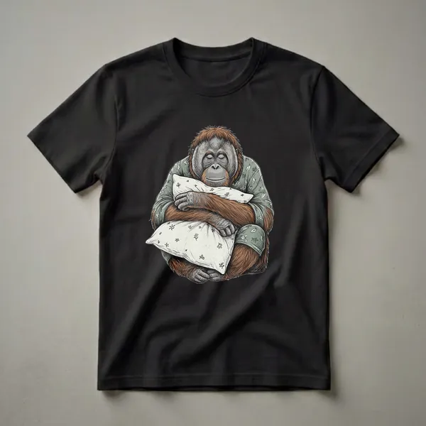 A graphic t-shirt featuring a detailed illustration of a sleepy orangutan wearing a mint green pajama set with a floral pattern and a headband, hugging two pillows.