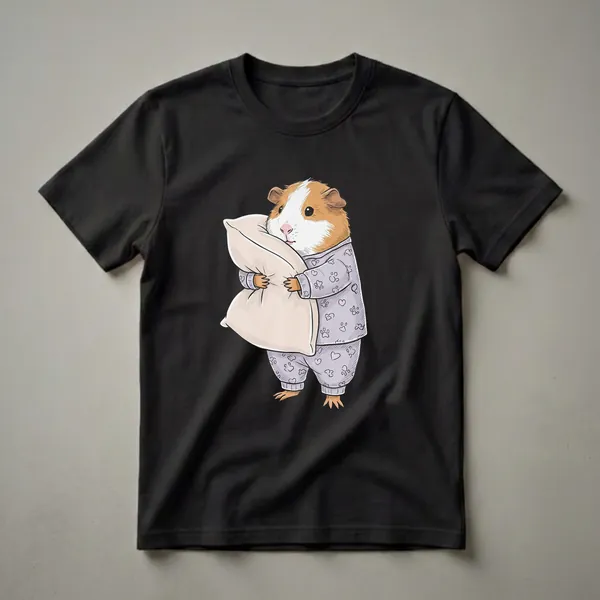 A cartoon guinea pig wearing lavender pajamas with paw print and heart patterns, hugging a light-colored pillow, on a black background.