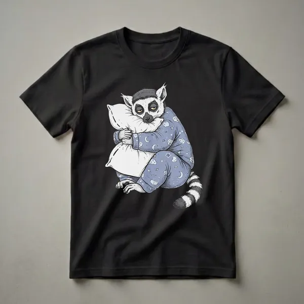 Blue pajama t-shirt featuring a cartoon ring-tailed lemur with tired eyes, hugging a white pillow, with a pattern of moons and stars on the pajamas.