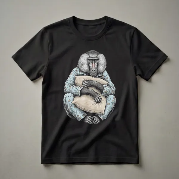 Light blue pajama t-shirt featuring a detailed illustration of a sleepy baboon holding a pillow against a black background.