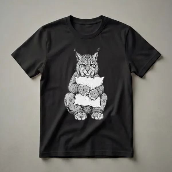 Black and white graphic t-shirt featuring a lynx wearing pajamas and holding a pillow, set against a black background.