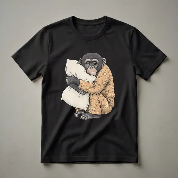 A cartoon bonobo monkey wearing orange pajamas with a teddy bear pattern, hugging a white pillow, on a black background.