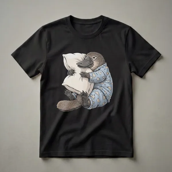 Light blue t-shirt featuring a cartoon platypus wearing pajamas with clouds and stars, hugging a white pillow.
