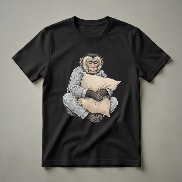 Light grey t-shirt featuring a detailed illustration of a sleepy capuchin monkey wearing pajamas with moons and stars, hugging a beige pillow.
