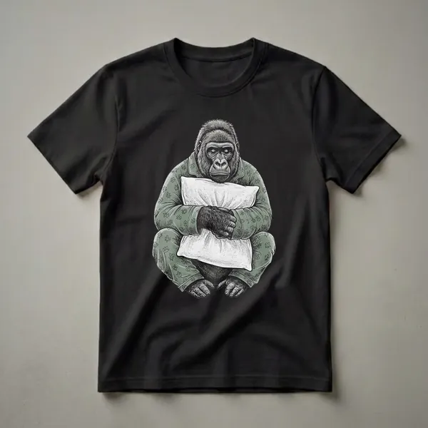 A black t-shirt featuring a detailed illustration of a sleepy gorilla wearing sage green pajamas with a leaf pattern and holding a white pillow.