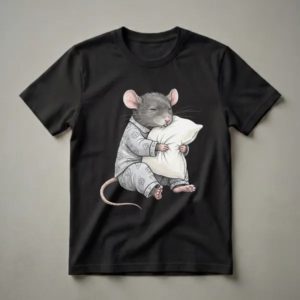 Grey mouse wearing grey pajamas with a cheese pattern, hugging a white pillow, with eyes closed in sleep, on a black background.