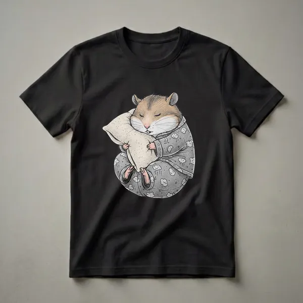 Gray pajama t-shirt featuring a sleeping hamster hugging a pillow, with a pattern of clouds and stars on the pajama fabric.