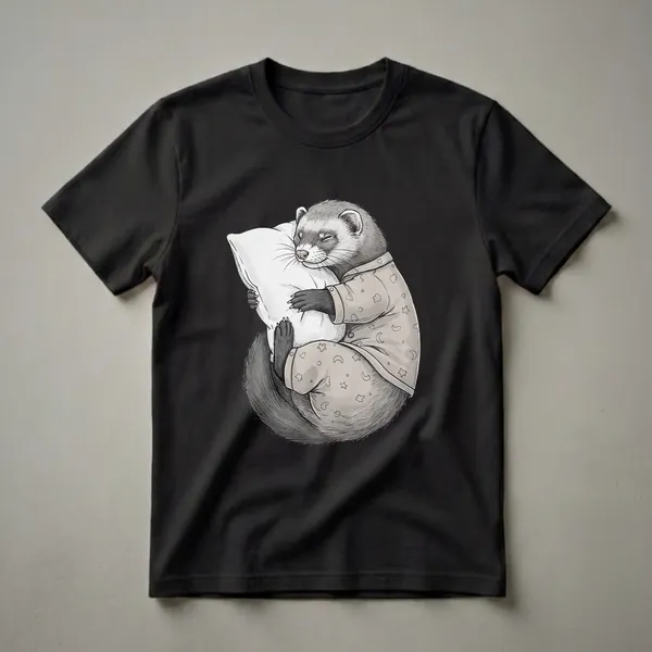 A grey and white ferret wearing light-colored pajamas with moon and star patterns is sleeping soundly while hugging a white pillow.