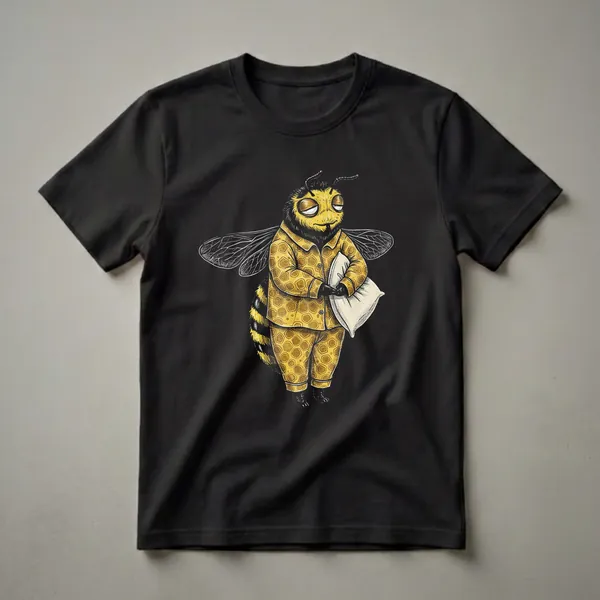 Black t-shirt featuring a vintage-style illustration of a sleepy bee wearing yellow honeycomb-patterned pajamas and holding a white pillow.