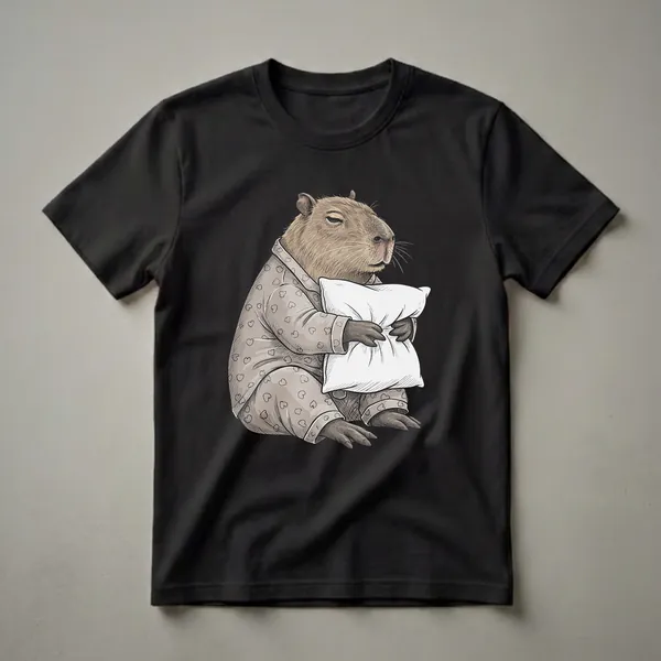A sketch-style illustration of a brown capybara wearing grey pajamas with a heart pattern, sitting and hugging a white pillow, on a black background.