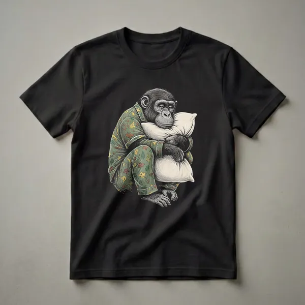 Green pajama t-shirt featuring a detailed sketch of a sleepy chimpanzee hugging a pillow, with a leaf pattern on the pajamas.