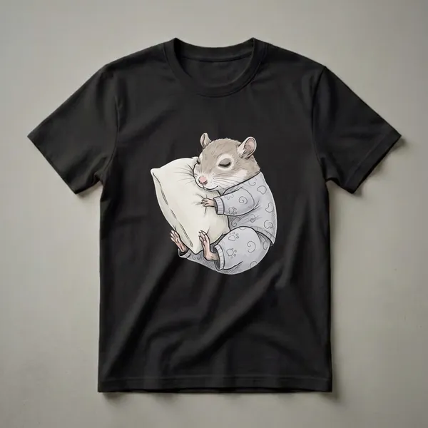 A light grey t-shirt featuring a cartoon illustration of a gerbil wearing pajamas and sleeping soundly on a white pillow, with paw print and swirl patterns on the pajamas.