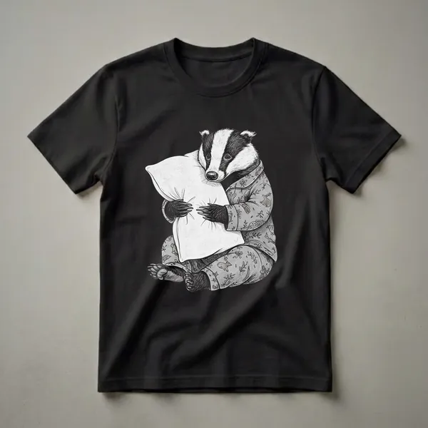 A black and white graphic t-shirt featuring a badger wearing pajamas and holding a large white pillow, with a pattern of deer and leaves on the pajamas.
