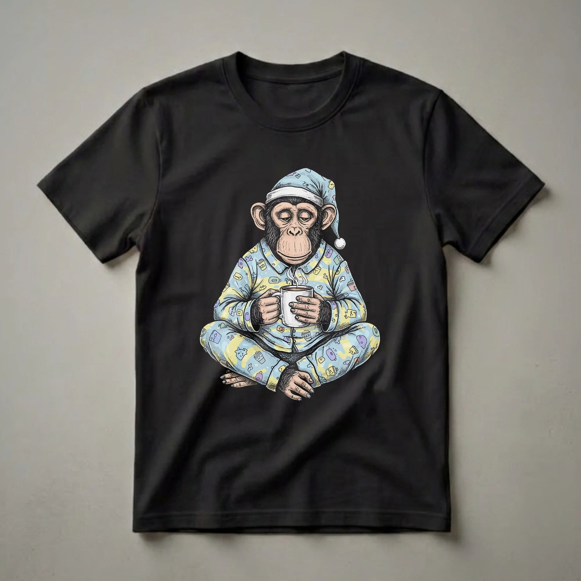 Blue and yellow pajama t-shirt featuring a sleepy chimpanzee wearing a nightcap and holding a steaming mug of coffee, sitting cross-legged.