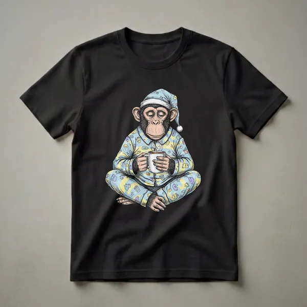 Blue and yellow pajama t-shirt featuring a sleepy chimpanzee wearing a nightcap and holding a steaming mug of coffee, sitting cross-legged.