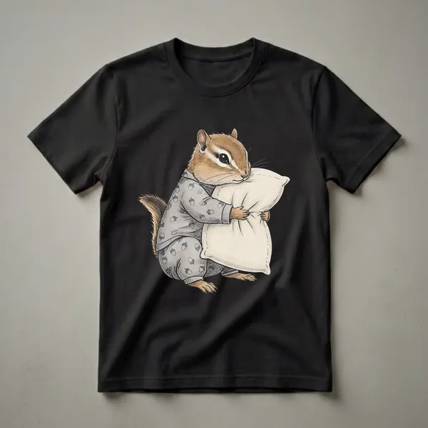 A light grey t-shirt featuring a detailed illustration of a brown and white chipmunk wearing grey pajamas with an acorn pattern, hugging a cream-colored pillow against a black background.
