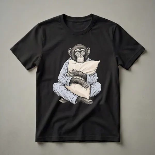 Light blue pajama t-shirt featuring a detailed sketch of a chimpanzee with closed eyes, hugging a pillow, with a pattern of moons and stars on the pajamas.
