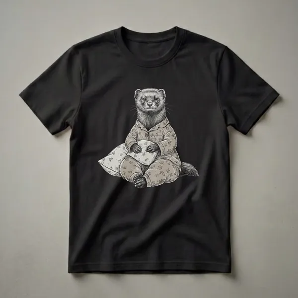 A black and white graphic t-shirt featuring a detailed illustration of a weasel wearing pajamas and holding a pillow, set against a black background.
